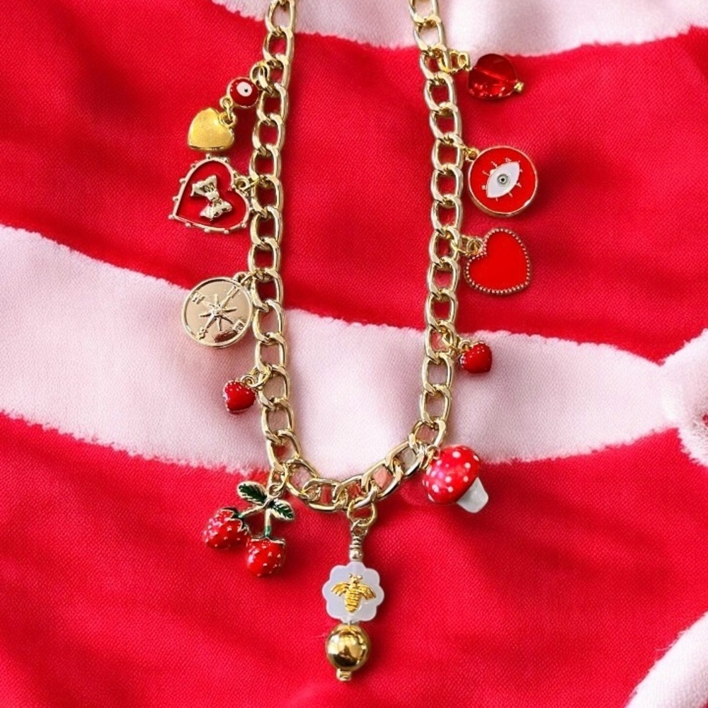 Gold Toned and Red Charm Necklace Enamel Glass Ceramic Crystal 20” - Picture 12 of 17